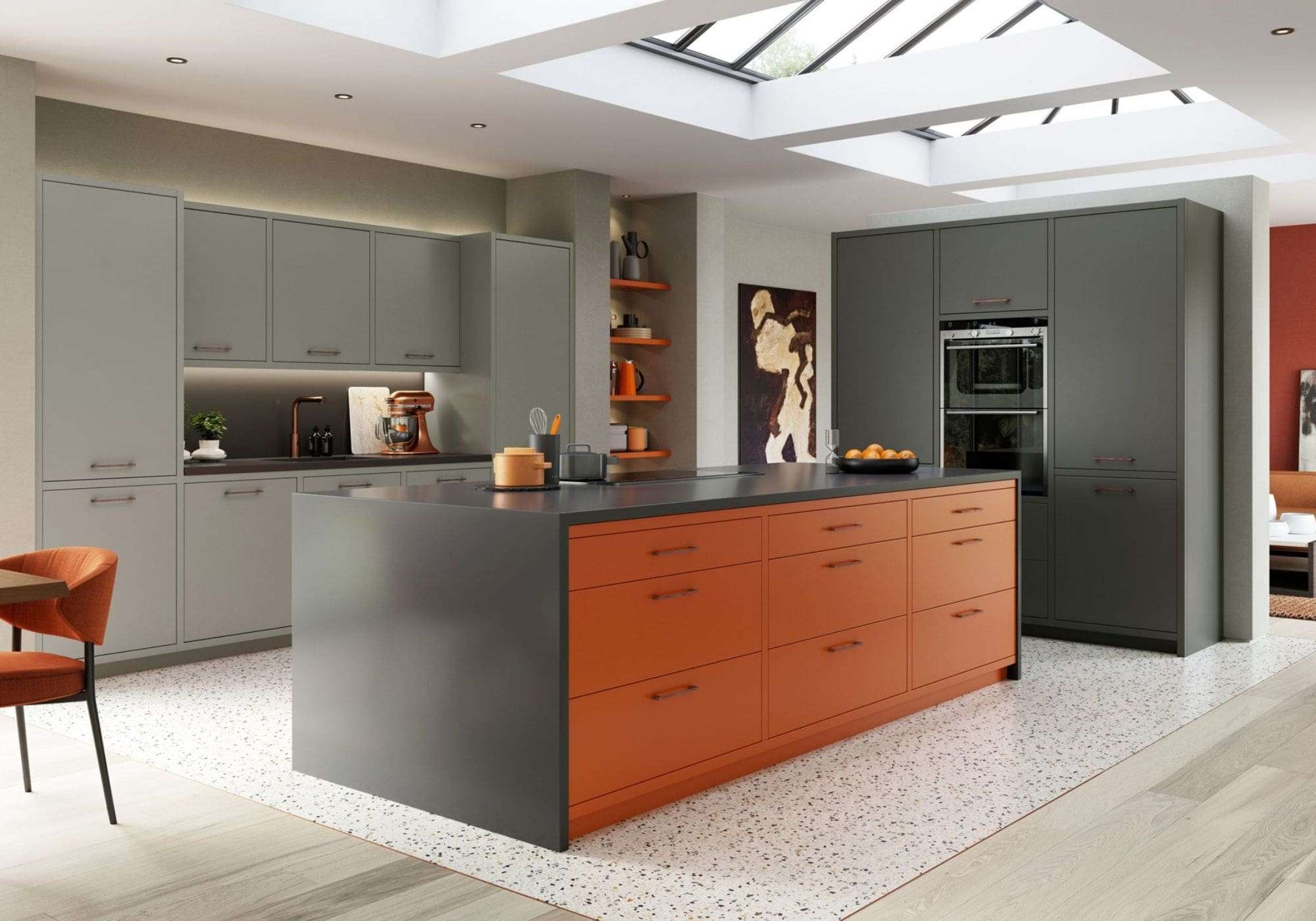 Custom Kitchen Design - Modern Kitchens - Grey and orange painted kitchen with island - Kevin Butler Joinery & Design